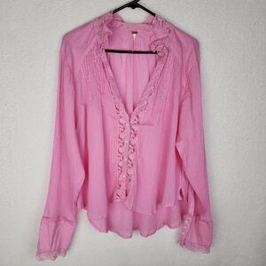 FREE PEOPLE Clemence Button Up Pink Cotton Blouse L